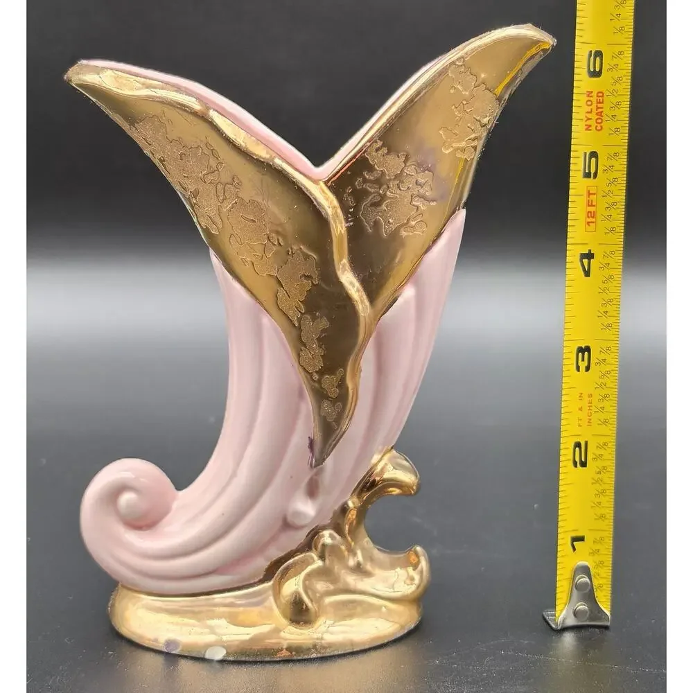 VTG Savoy China Pink & 24K Gold Cornucopia Horn Vase 6.125